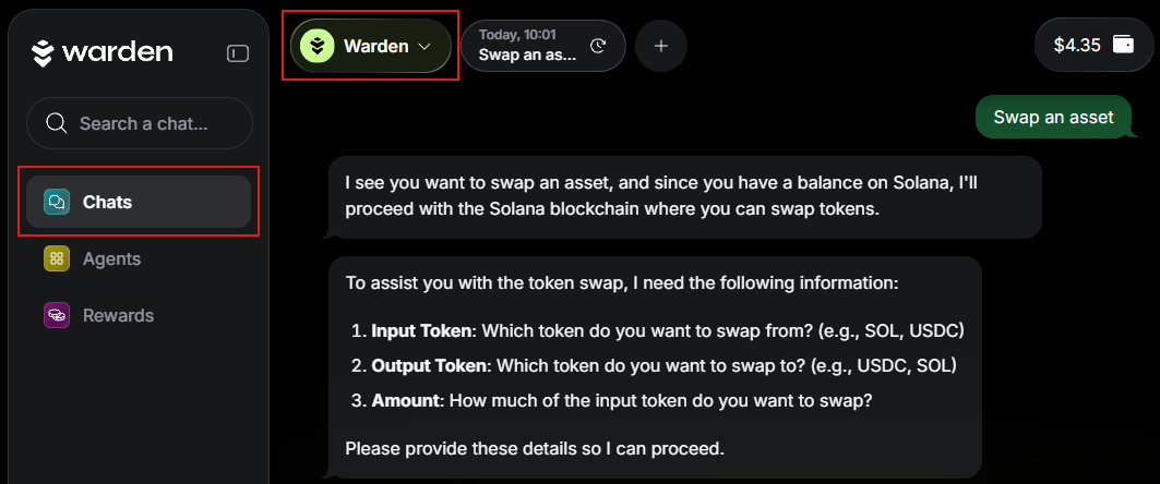 Send or swap assets using the Warden AMA Agent
